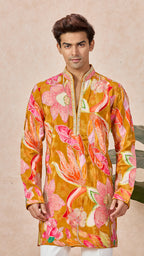 Bronze Yellow Floral V-Neck Short Kurta Set for Men with Korean Pants