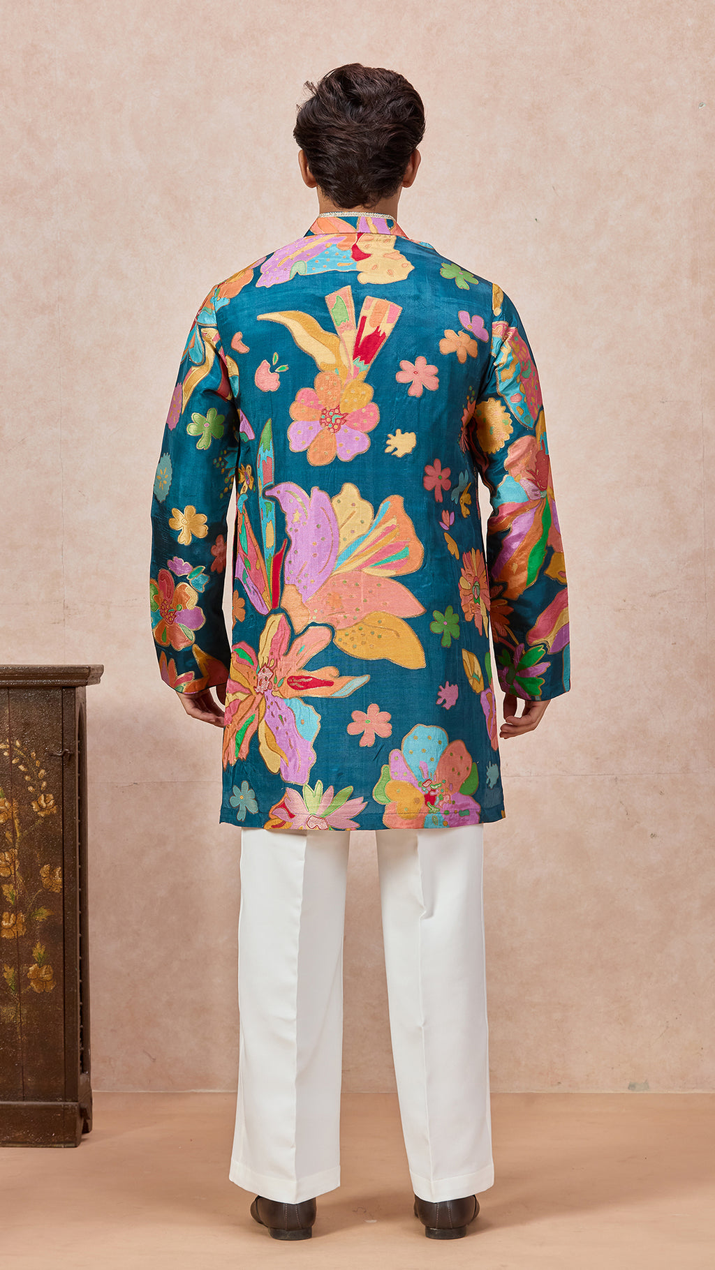 Teal Blue V-Neck Short Kurta Set for Men with Korean Pants