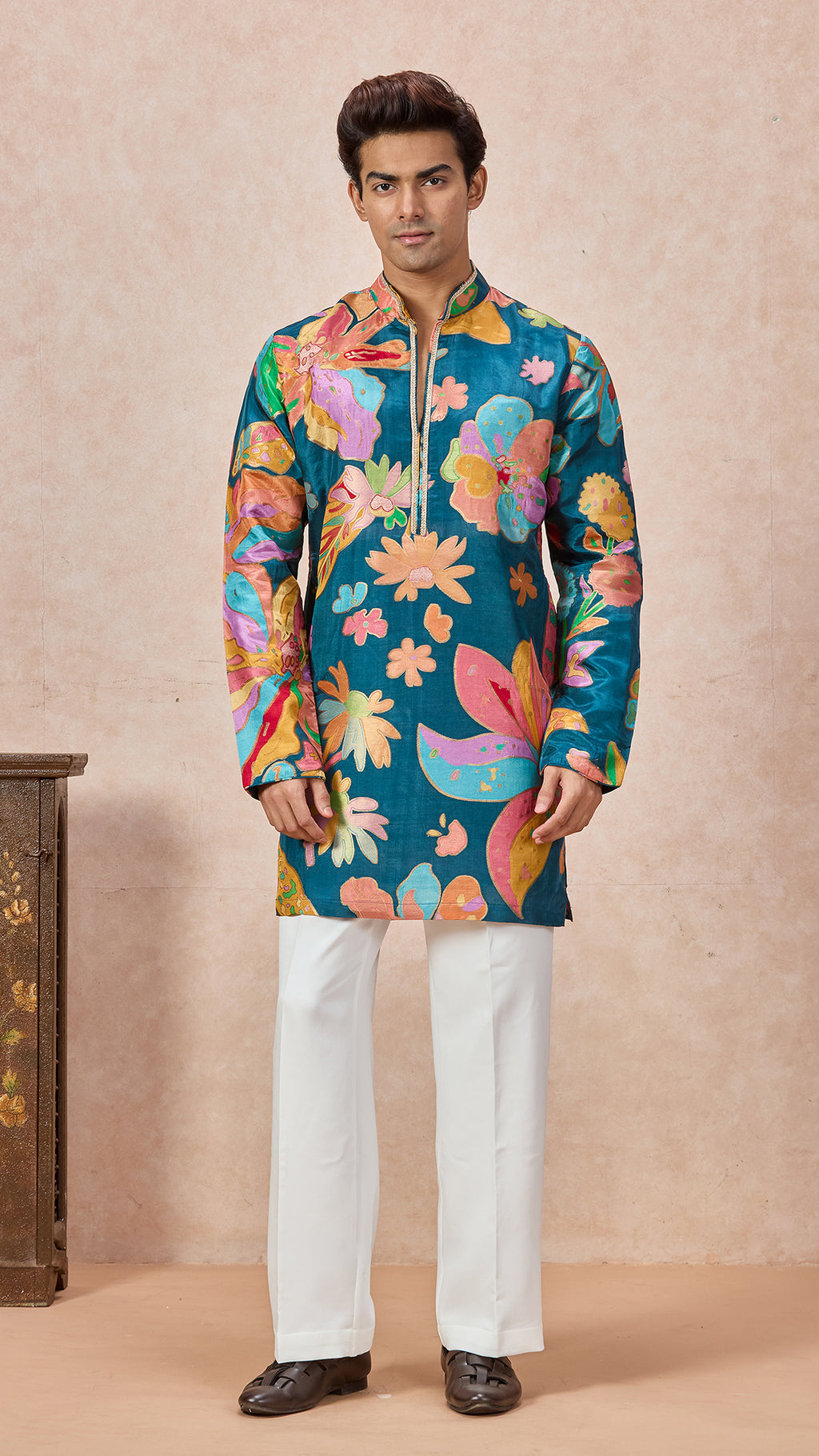 Teal Blue V-Neck Short Kurta Set for Men with Korean Pants