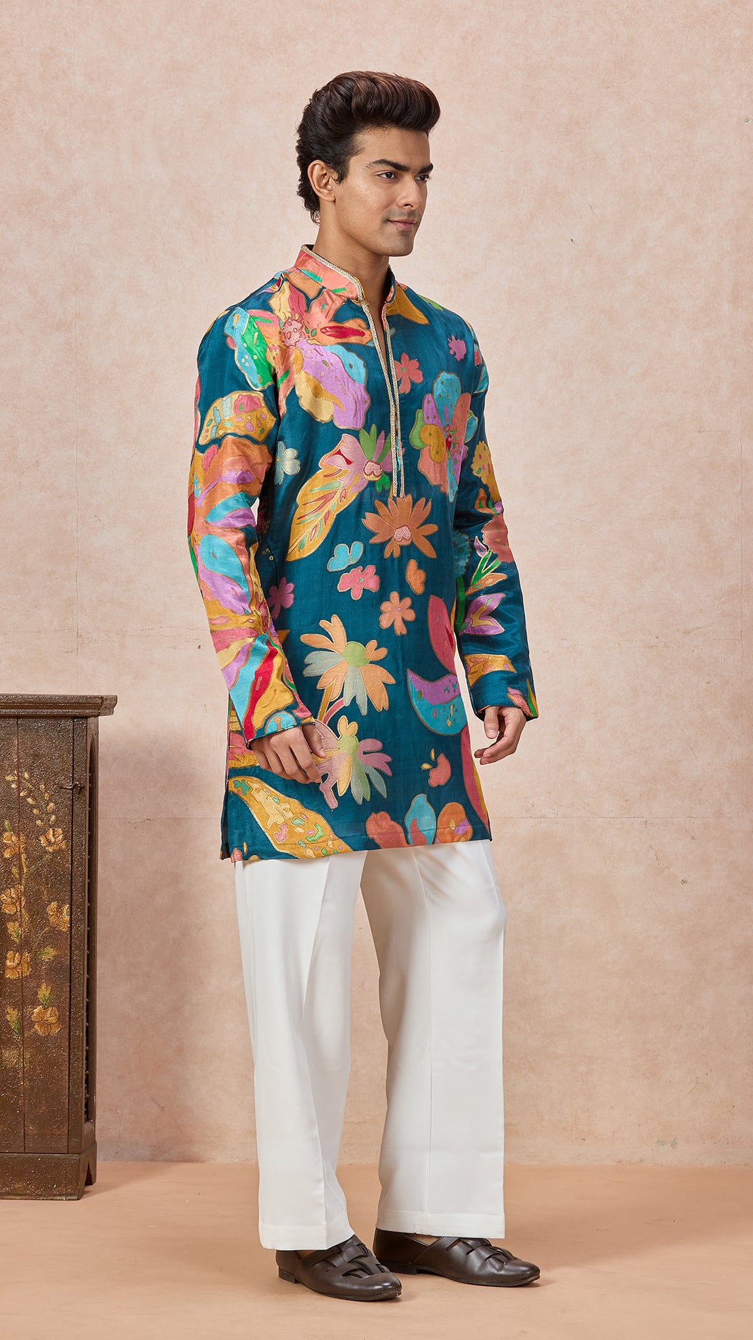 Teal Blue V-Neck Short Kurta Set for Men with Korean Pants