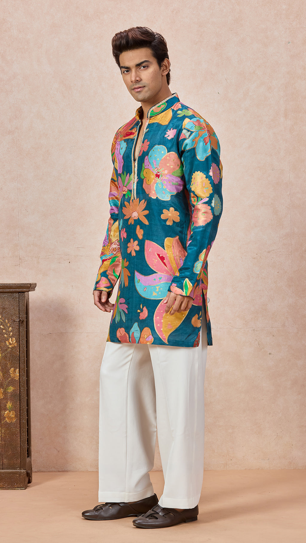 Teal Blue V-Neck Short Kurta Set for Men with Korean Pants