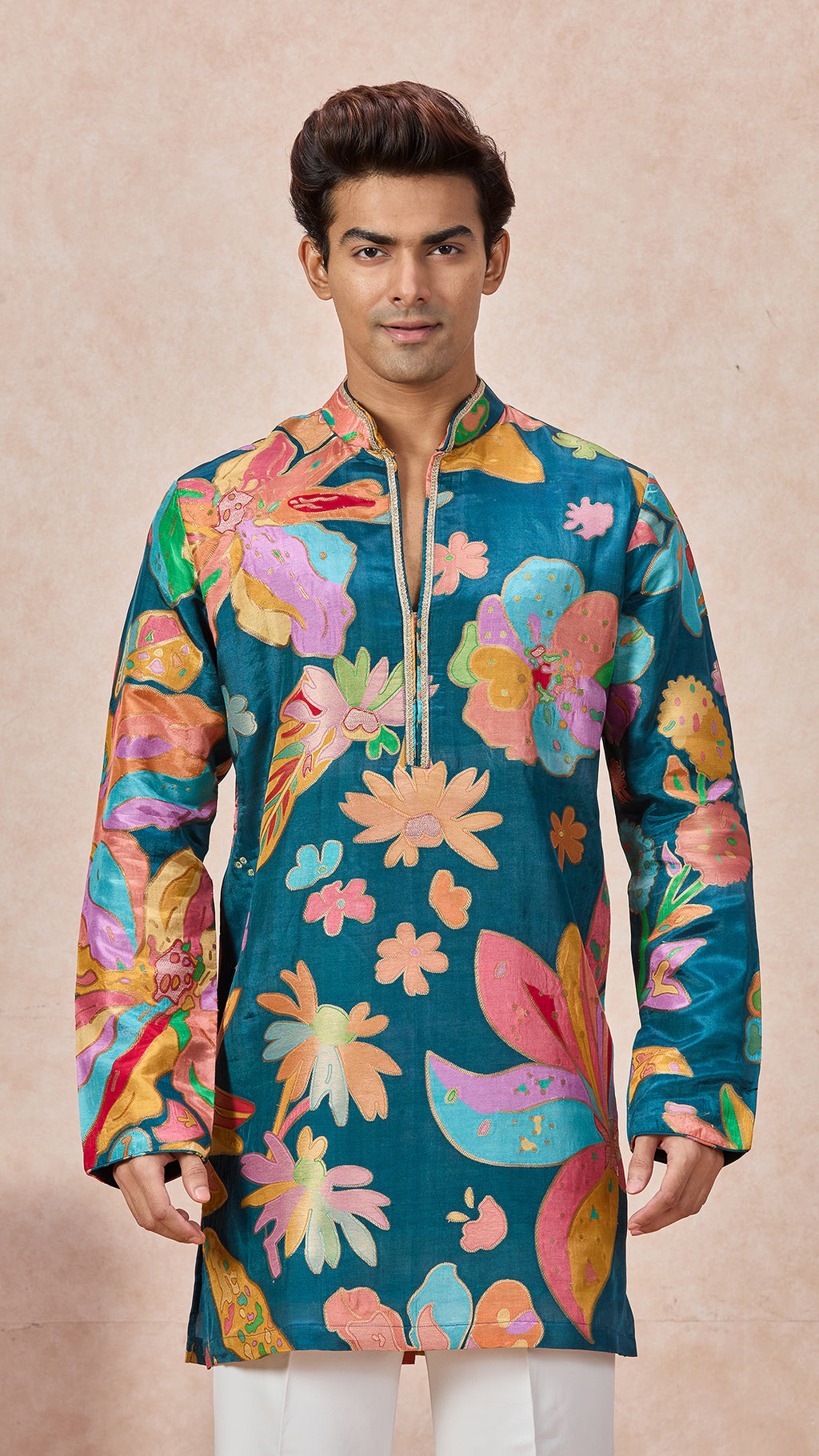 Teal Blue V-Neck Short Kurta Set for Men with Korean Pants