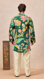 Green Mehendi Floral V-Neck Short Kurta Set for Men with Korean Pants