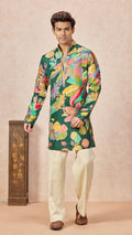 Green Mehendi Floral V-Neck Short Kurta Set for Men with Korean Pants