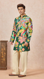 Green Mehendi Floral V-Neck Short Kurta Set for Men with Korean Pants