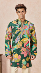 Green Mehendi Floral V-Neck Short Kurta Set for Men with Korean Pants