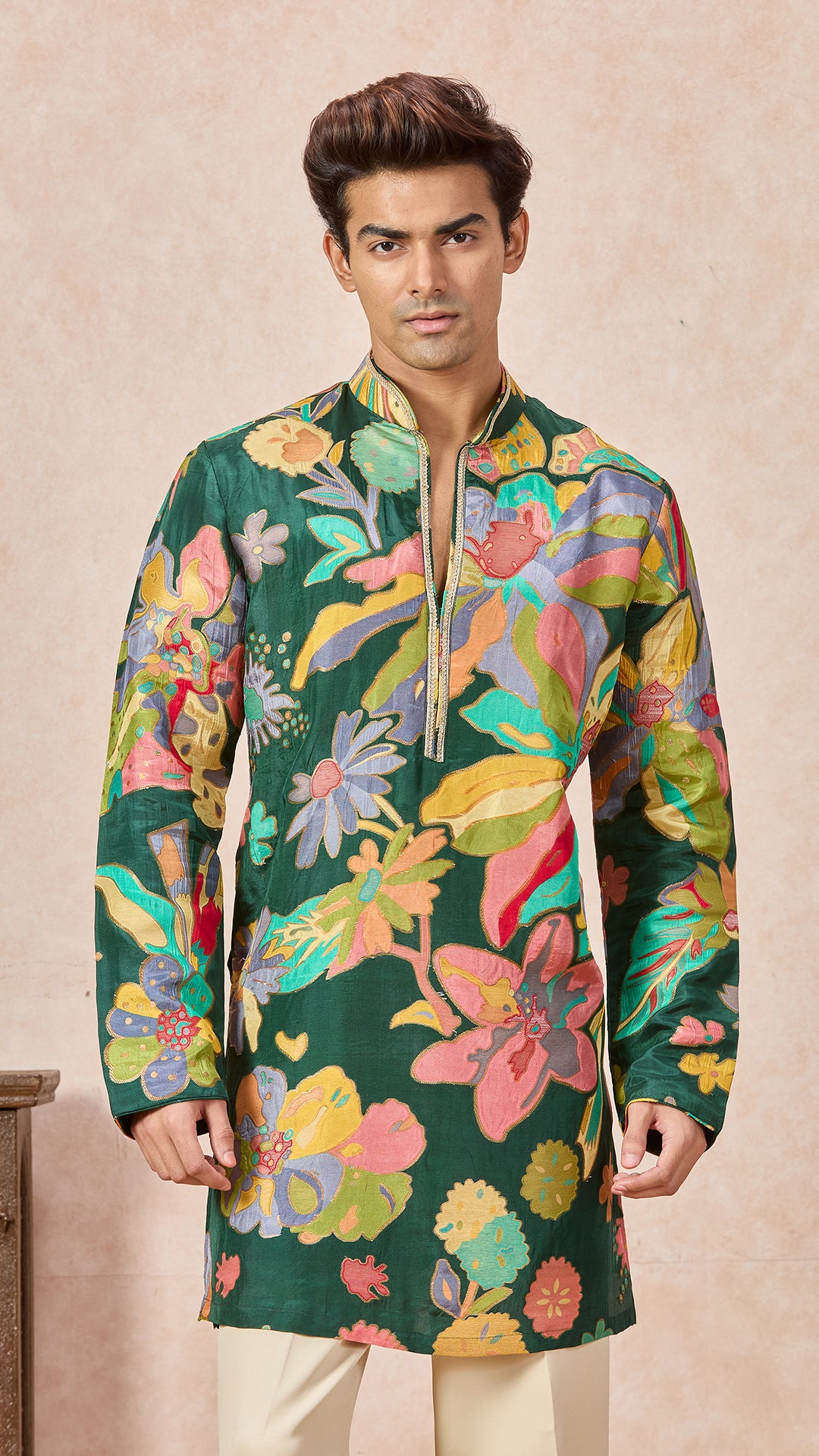 Green Mehendi Floral V-Neck Short Kurta Set for Men with Korean Pants