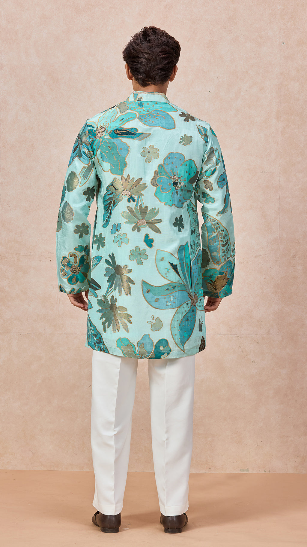 Sky Blue V-Neck Short Kurta Set for Men with Korean Pants