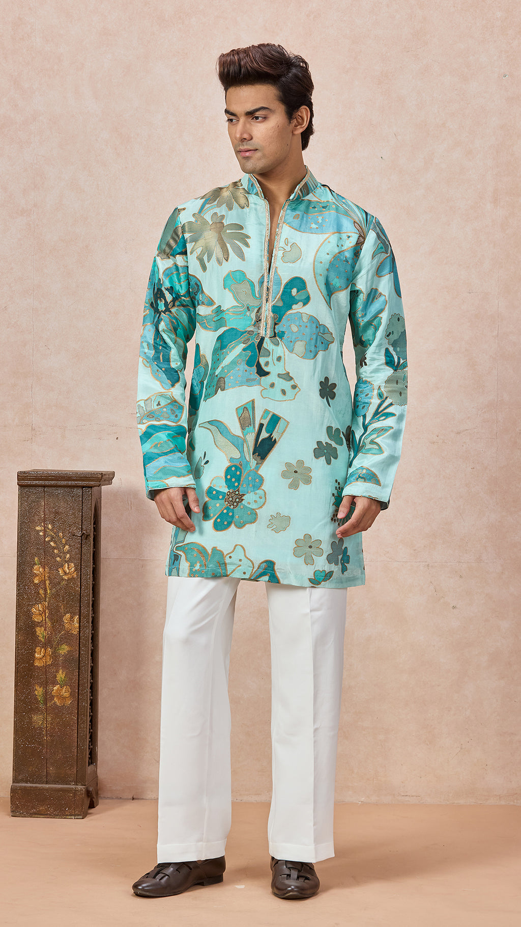 Sky Blue V-Neck Short Kurta Set for Men with Korean Pants