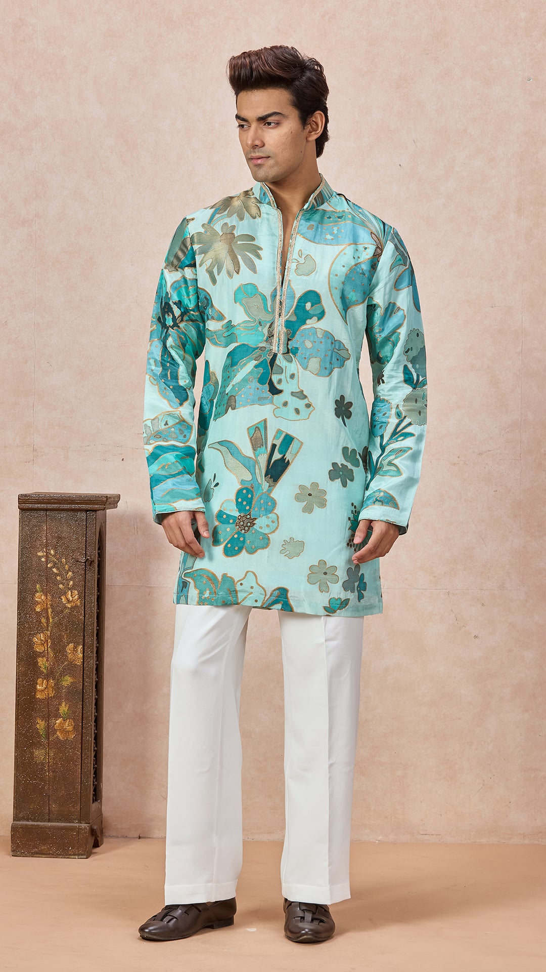 Sky Blue V-Neck Short Kurta Set for Men with Korean Pants