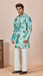 Sky Blue V-Neck Short Kurta Set for Men with Korean Pants