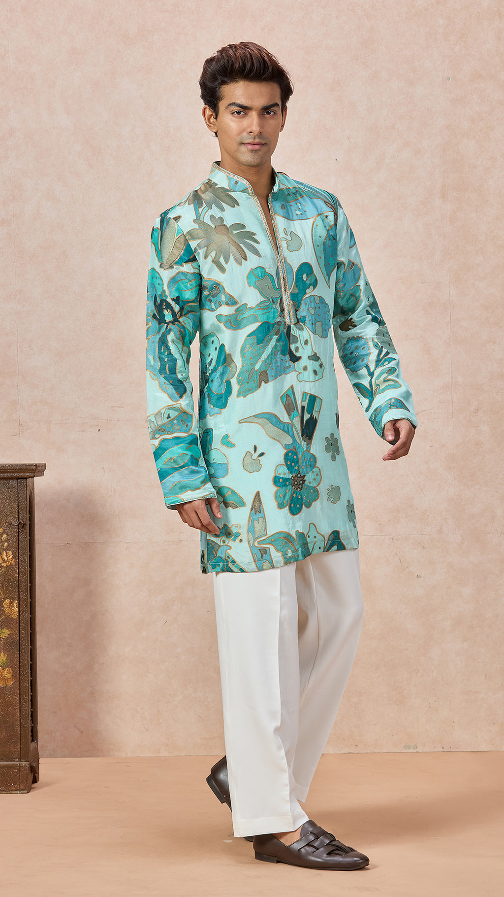 Sky Blue V-Neck Short Kurta Set for Men with Korean Pants