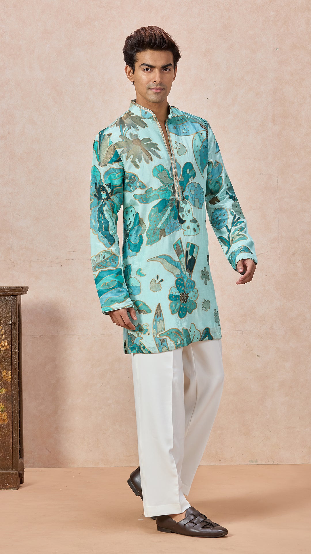 Sky Blue V-Neck Short Kurta Set for Men with Korean Pants