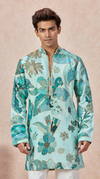 Sky Blue V-Neck Short Kurta Set for Men with Korean Pants