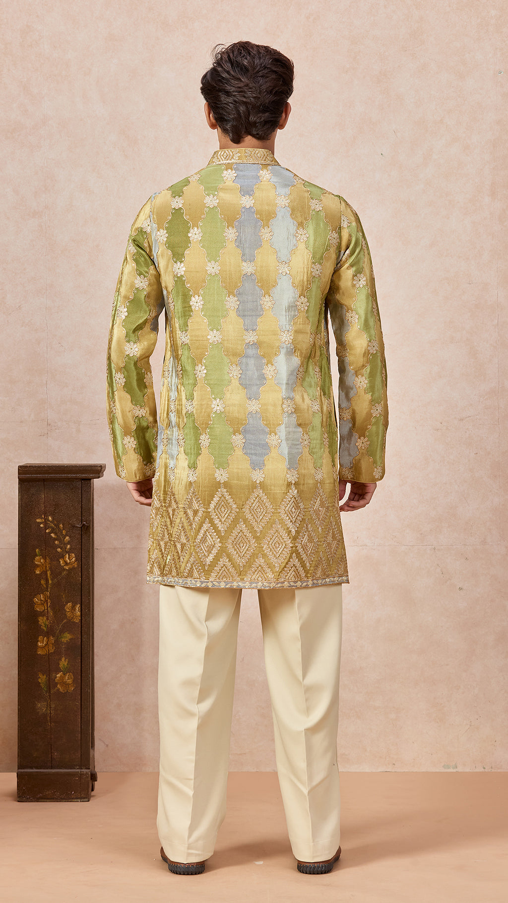 Green Gold Grey V-Neck Short Kurta Set for Men with Korean Pants