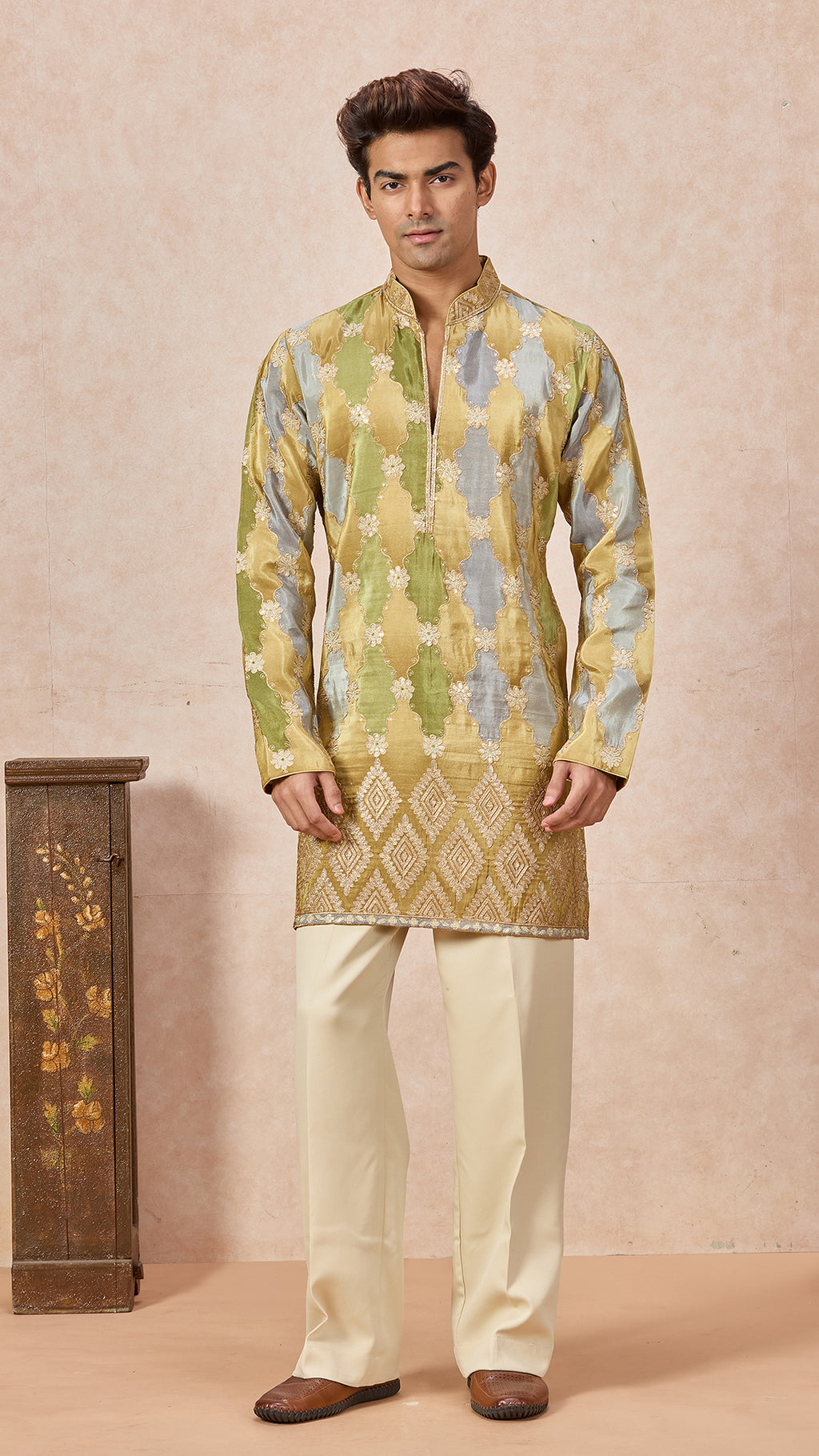 Green Gold Grey V-Neck Short Kurta Set for Men with Korean Pants
