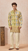 Green Gold Grey V-Neck Short Kurta Set for Men with Korean Pants