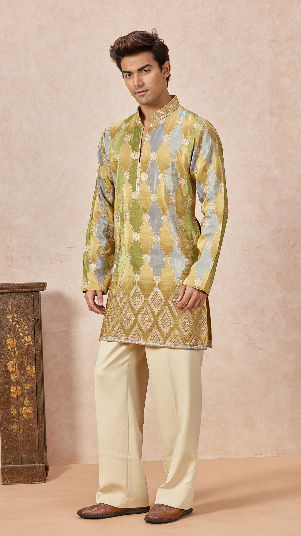 Green Gold Grey V-Neck Short Kurta Set for Men with Korean Pants