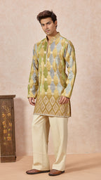 Green Gold Grey V-Neck Short Kurta Set for Men with Korean Pants