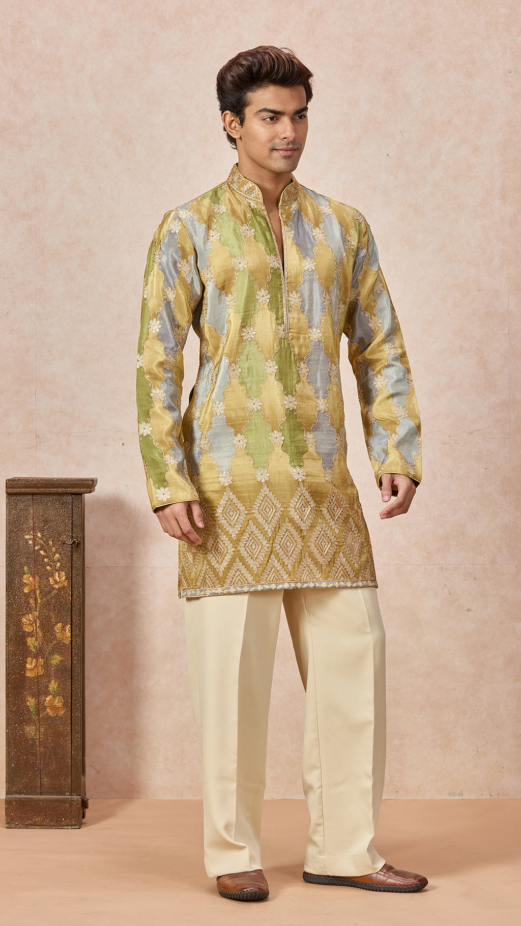 Green Gold Grey V-Neck Short Kurta Set for Men with Korean Pants