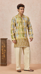Green Gold Grey V-Neck Short Kurta Set for Men with Korean Pants