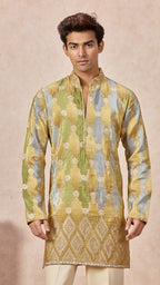 Green Gold Grey V-Neck Short Kurta Set for Men with Korean Pants