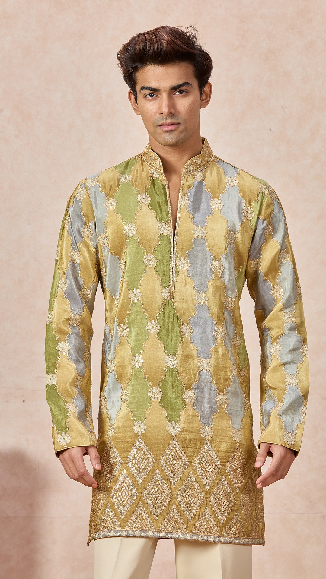Green Gold Grey V-Neck Short Kurta Set for Men with Korean Pants