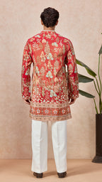 Orange Red V-Neck Short Kurta Set for Men with Korean Pants