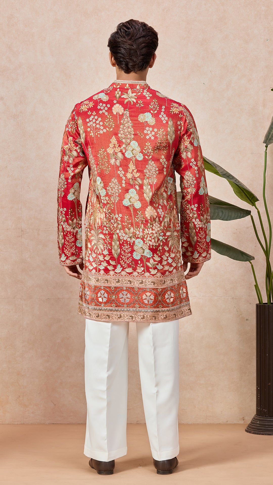 Orange Red V-Neck Short Kurta Set for Men with Korean Pants