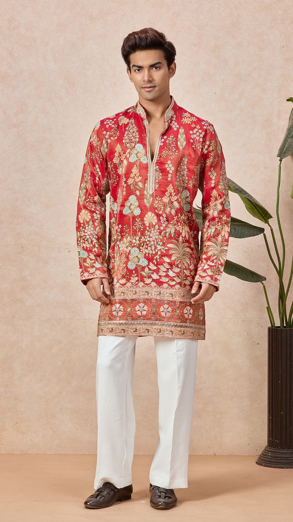 Orange Red V-Neck Short Kurta Set for Men with Korean Pants
