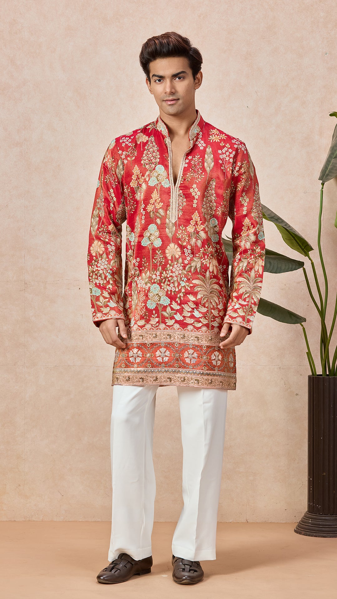 Orange Red V-Neck Short Kurta Set for Men with Korean Pants