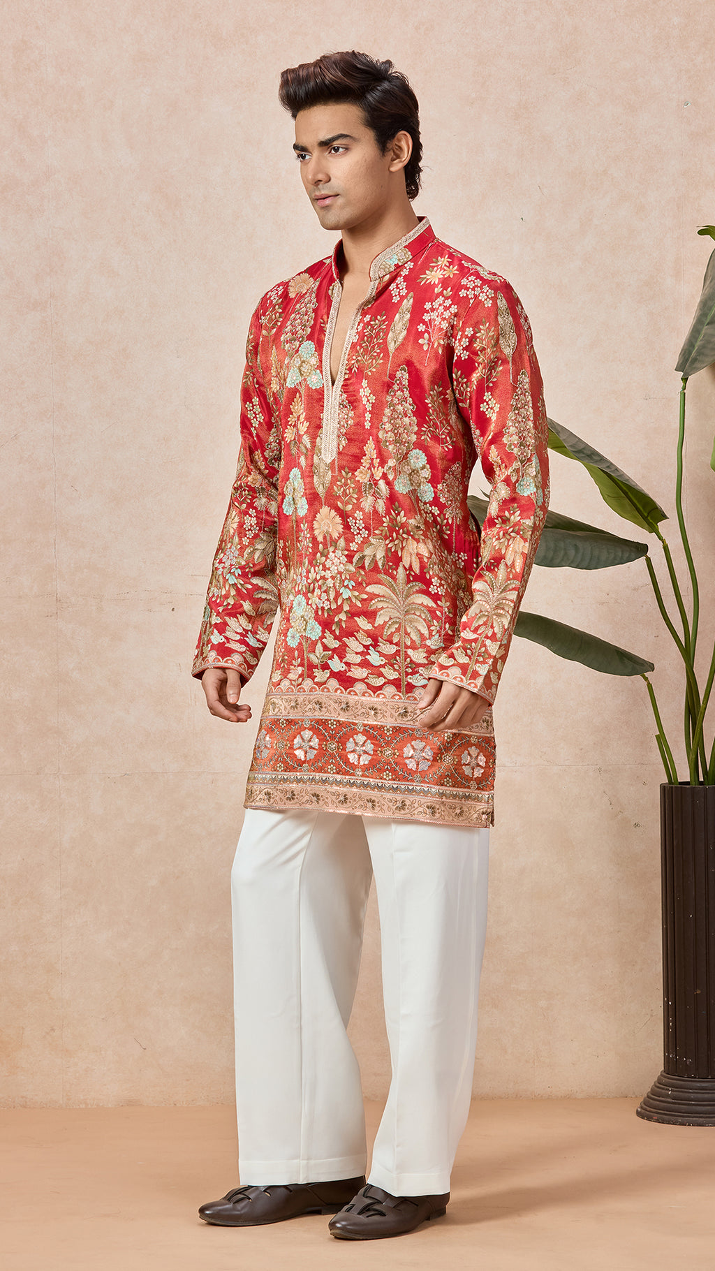 Orange Red V-Neck Short Kurta Set for Men with Korean Pants