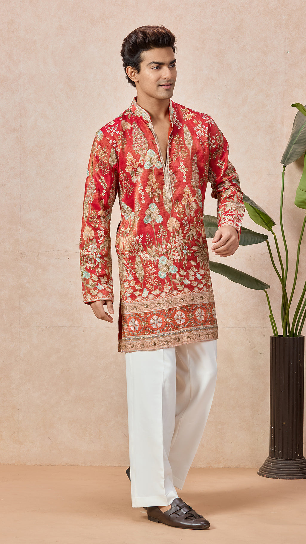 Orange Red V-Neck Short Kurta Set for Men with Korean Pants