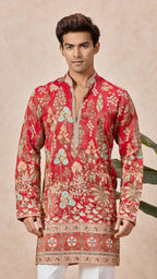 Orange Red V-Neck Short Kurta Set for Men with Korean Pants