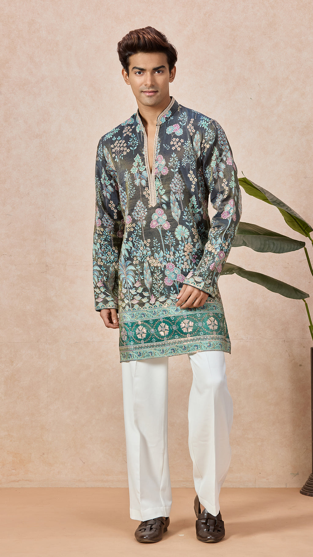 Teal Blue V-Neck Short Kurta Set for Men with Korean Pants