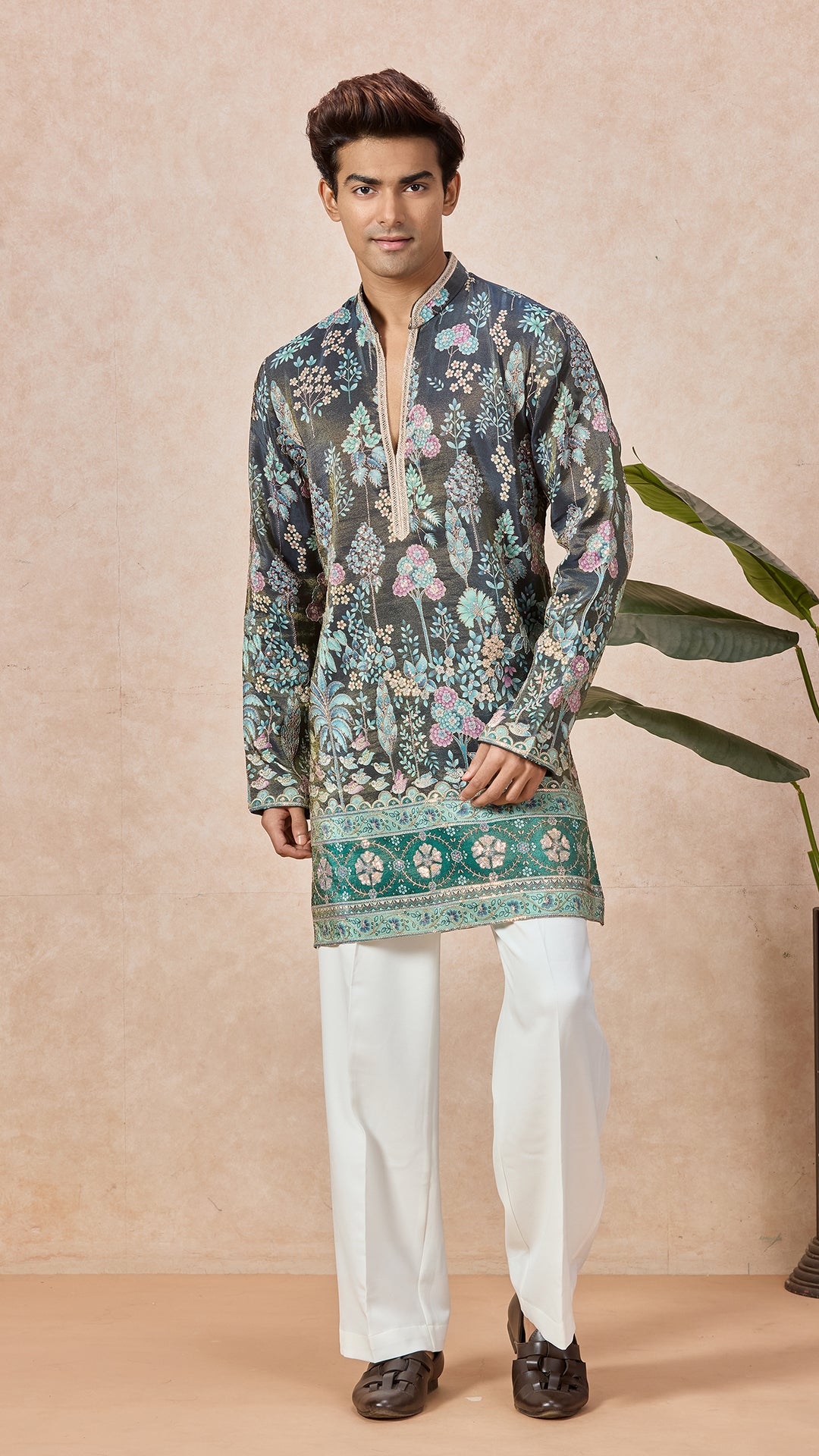 Teal Blue V-Neck Short Kurta Set for Men with Korean Pants