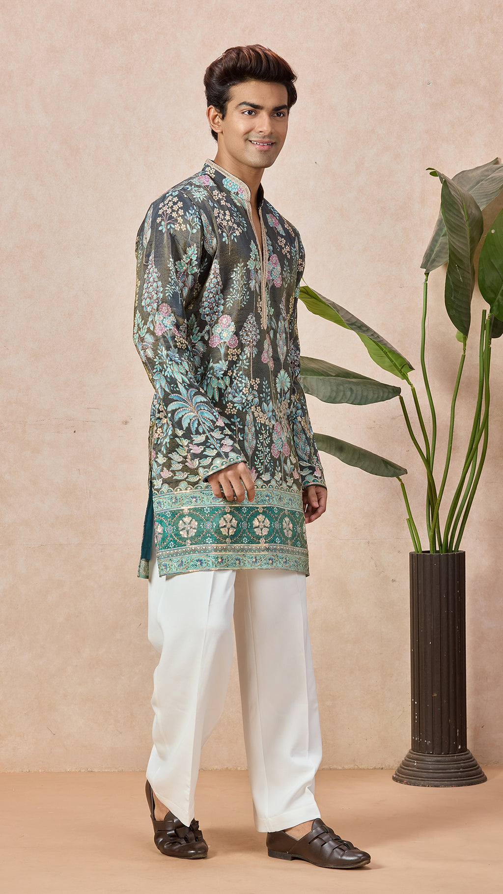 Teal Blue V-Neck Short Kurta Set for Men with Korean Pants