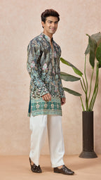 Teal Blue V-Neck Short Kurta Set for Men with Korean Pants