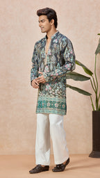 Teal Blue V-Neck Short Kurta Set for Men with Korean Pants