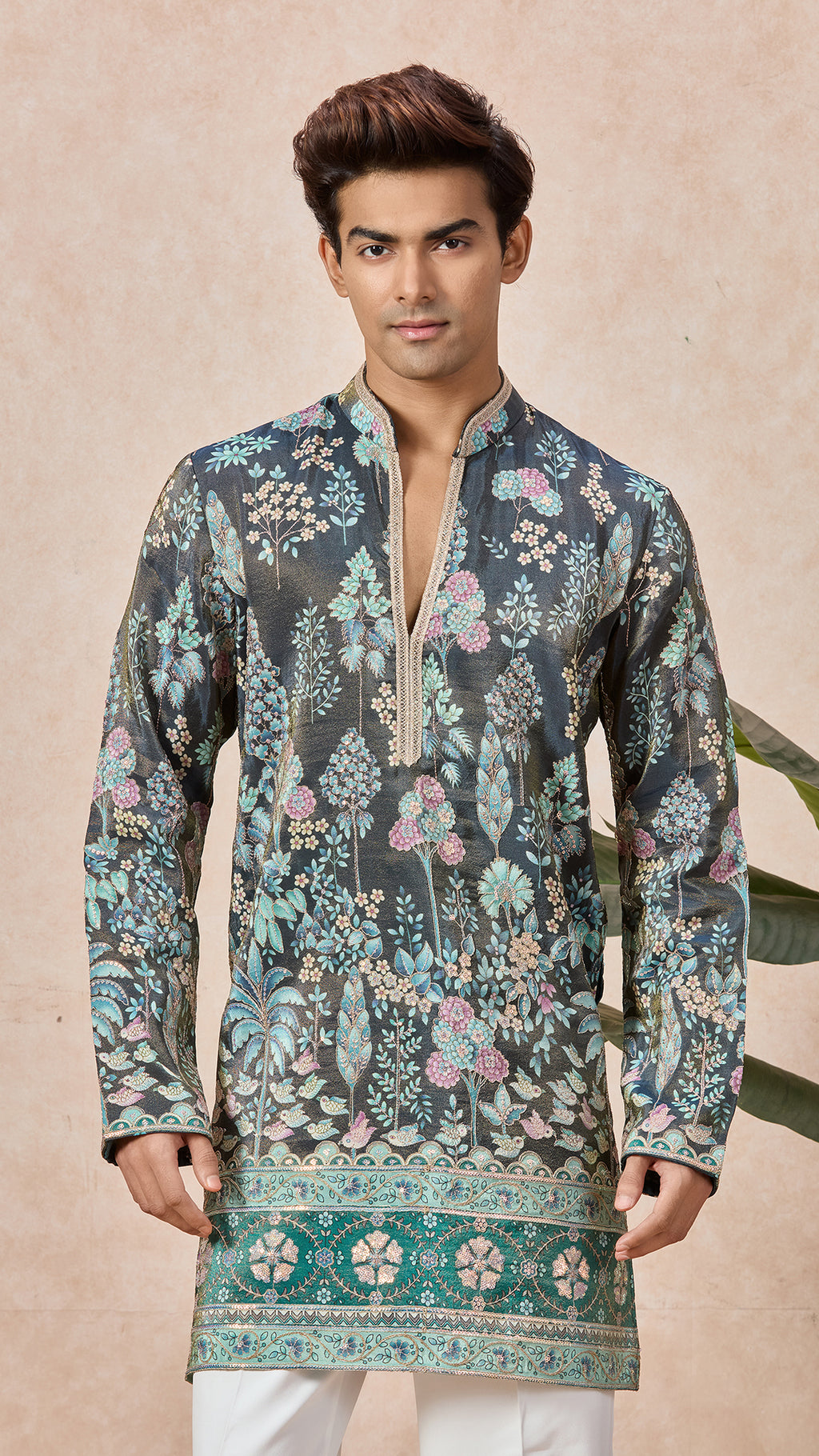 Teal Blue V-Neck Short Kurta Set for Men with Korean Pants