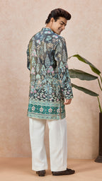 Teal Blue V-Neck Short Kurta Set for Men with Korean Pants