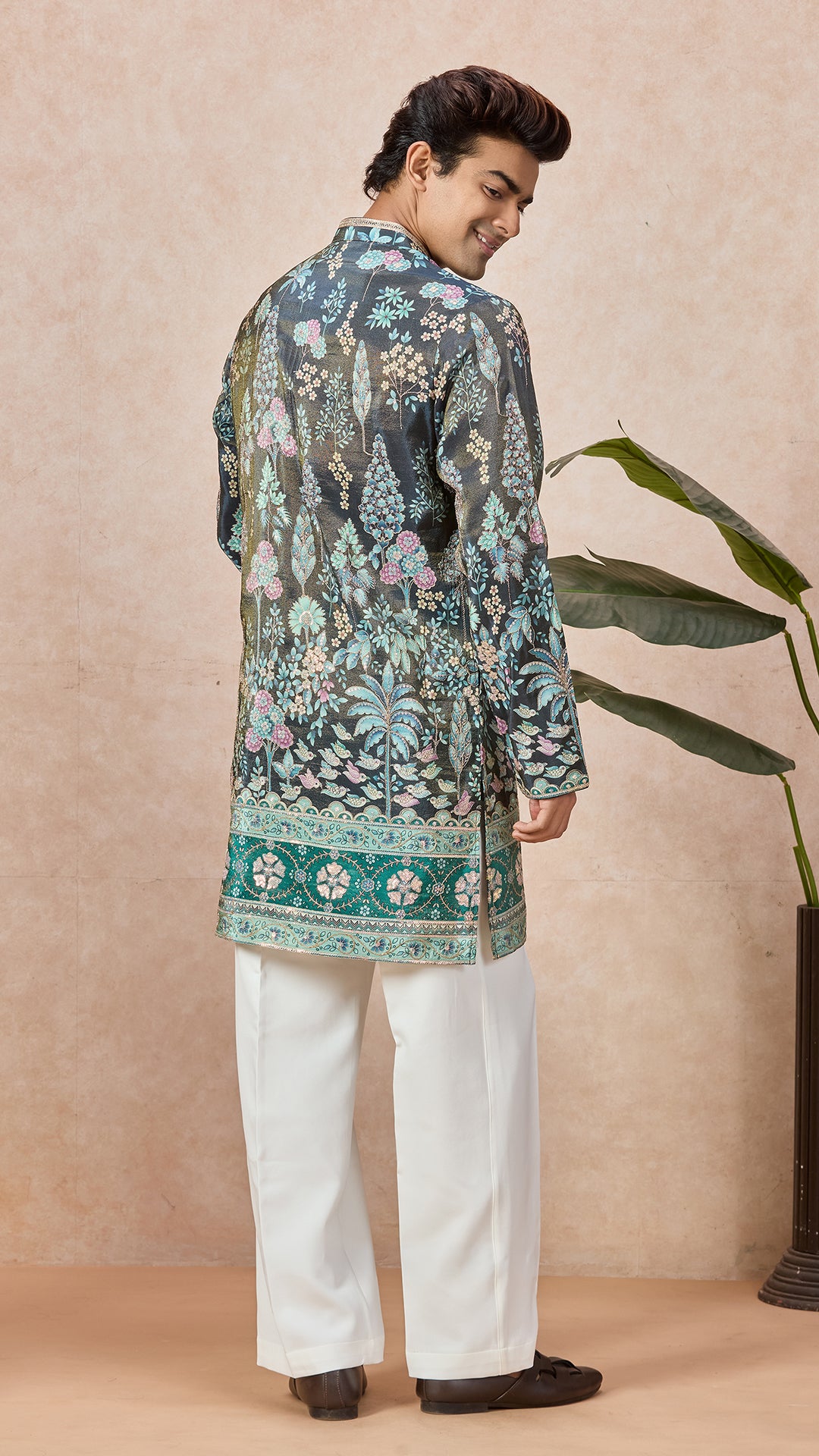 Teal Blue V-Neck Short Kurta Set for Men with Korean Pants