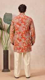 Orange Floral V-Neck Short Kurta Set for Men with Korean Pants