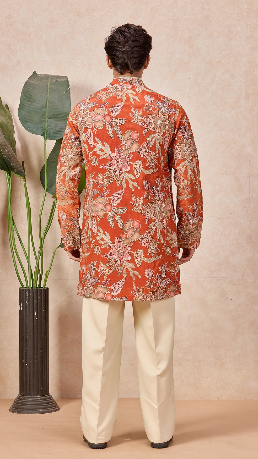 Orange Floral V-Neck Short Kurta Set for Men with Korean Pants