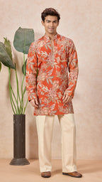 Orange Floral V-Neck Short Kurta Set for Men with Korean Pants