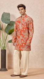 Orange Floral V-Neck Short Kurta Set for Men with Korean Pants