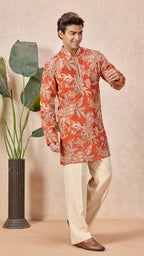 Orange Floral V-Neck Short Kurta Set for Men with Korean Pants