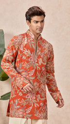 Orange Floral V-Neck Short Kurta Set for Men with Korean Pants