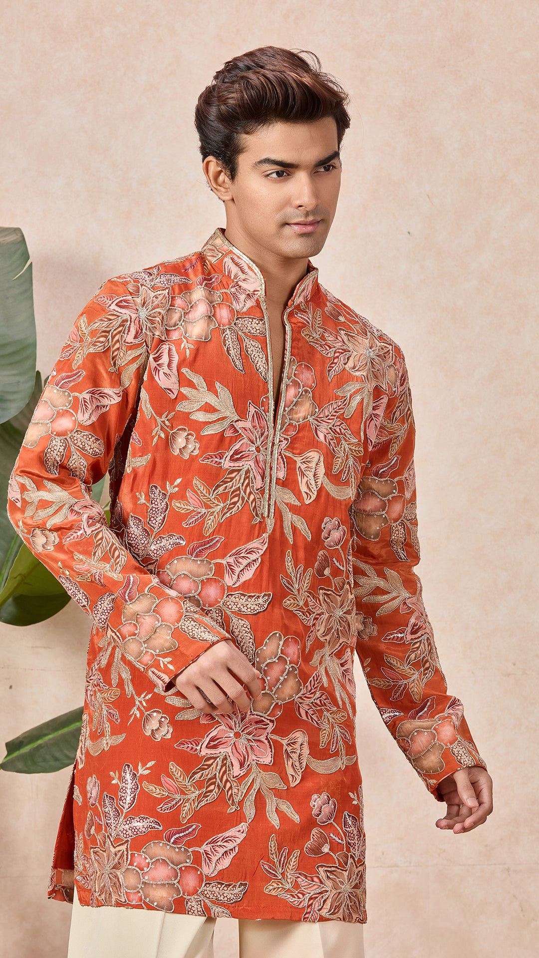 Orange Floral V-Neck Short Kurta Set for Men with Korean Pants