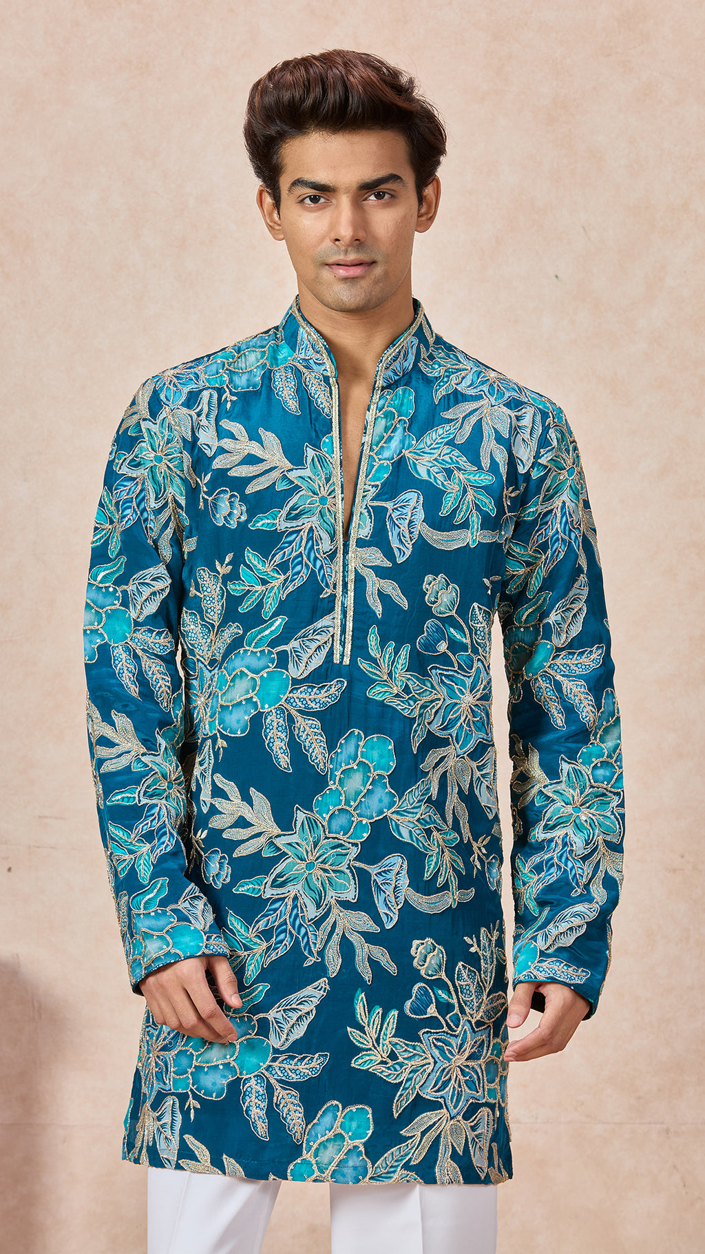 Blue Floral V-Neck Short Kurta Set for Men with Korean Pants